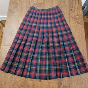 Pendleton Vintage Wool MacLennan Tartan Plaid Pleated Midi Skirt Red Blue USA
